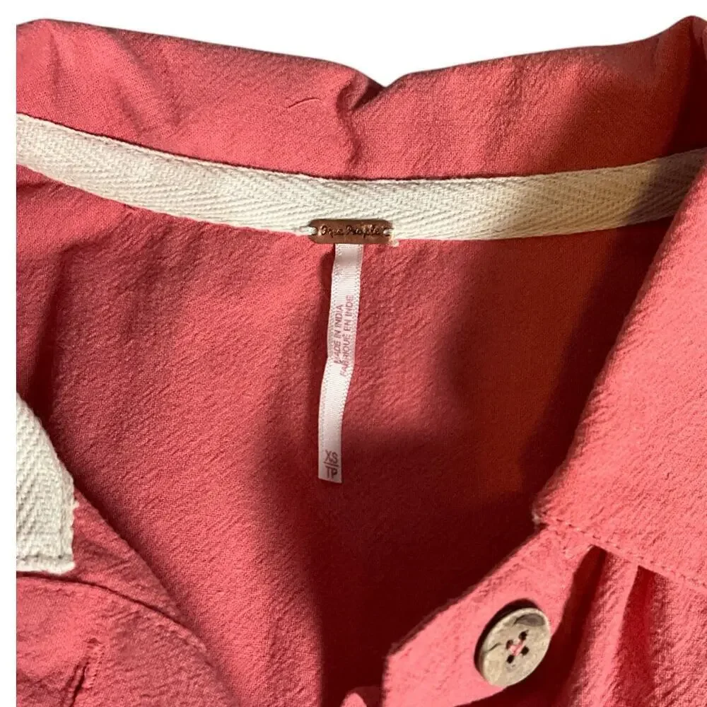 Free People Romper Coral Size XS Button Down Short Sleeve Belted Sinched Waist